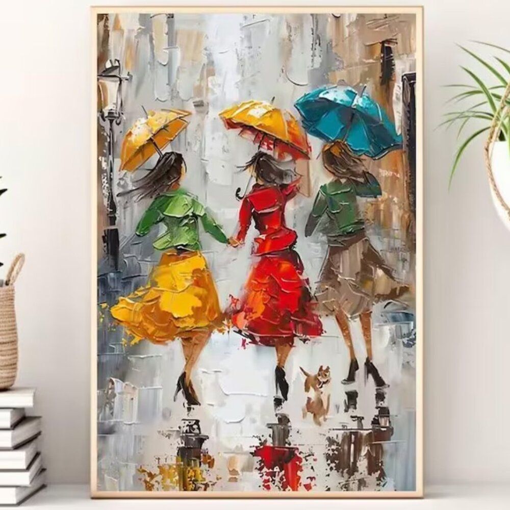 NWT 16x24 Canvas Print Art Women Dancing In Rain Umbrellas Modern Wall Decor